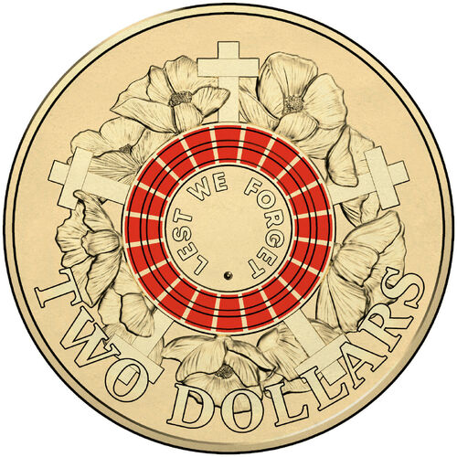 $2 2015  Lest We Forget RED ANZAC Day Circulated AUS TWO DOLLAR Coin