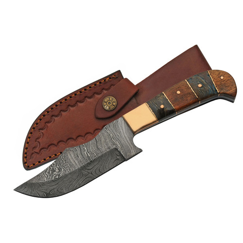 Hunting Knife 4.5" Damascus Steel Blade Copper/Wood/Horn Handle + Leather Sheath