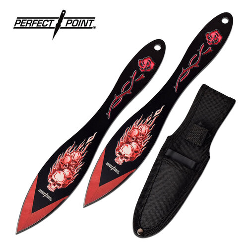 Perfect Point™ Red Skull & Flames Throwing Knife Set 	PP-117-2RD