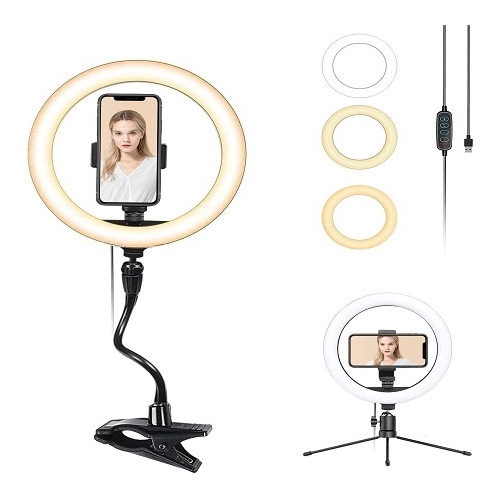 Smatree 10" LED Selfie Ring Light with Flex Clamp Mount & Tripod Stand & Phone Holder, Dimmable Desktop Ring Light with 3 Light Modes