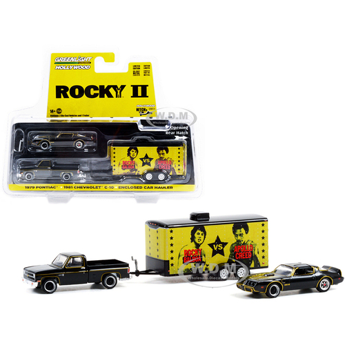 1981 Chevrolet C-10 Custom Deluxe Pickup Truck Black and 1979 Pontiac Firebird Trans Am T/A Black (Rocky's) with Enclosed Car Hauler "Rocky II" (1979)