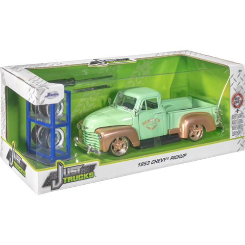 Just Trucks - Mint Green 1953 Chevy Pickup with Tyre Rack 1/24th Scale Die-Cast Vehicle Replica (JAD32709)
