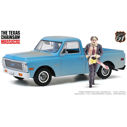 Greenlight Highway 61 - The Texas Chain Saw Massacre (1974) - Chevrolet® C-10 Pickup Truck (Dirty Version) with Leatherface Figurine (1971, 1/18 scale