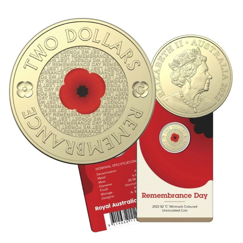 (NB) 2022 RED POPPY REMEMBRANCE DAY $2 C MINTMARK COLOURED COIN