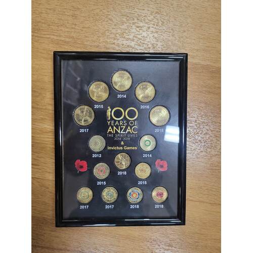 100 years anzac coins spirit lives framed 14 coin set including green dove, armistace $2 $1 collectable coins