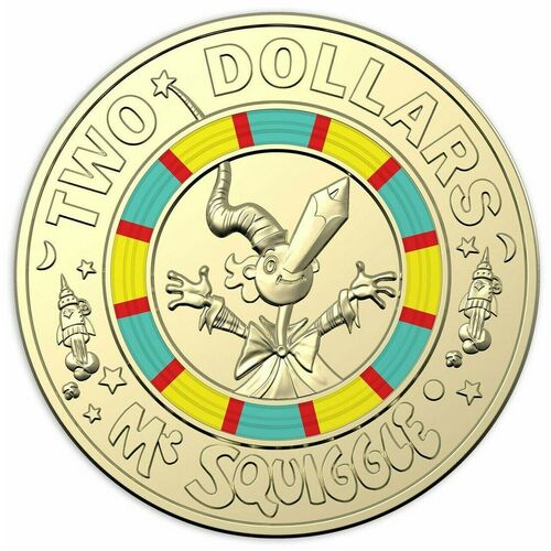 2019 AUSTRALIAN $2 TWO DOLLAR coloured COIN - MR SQUIGGLE THE MAN FROM THE MOON lightly circulated