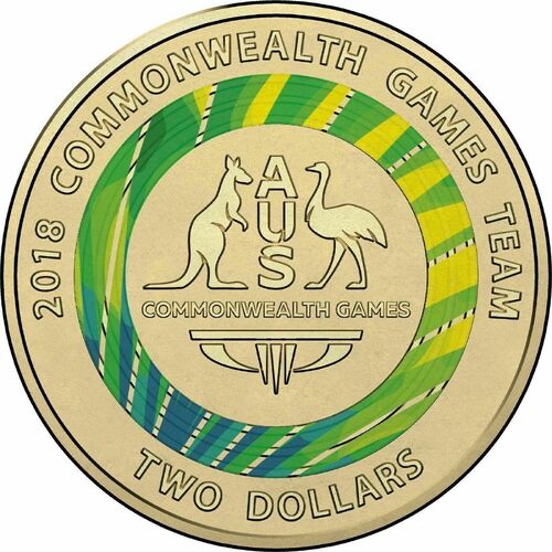Gold Coast 2018 Green Commonwealth Games Coat of arms $2 Two Dollar coloured Coin Aus lightly circulated