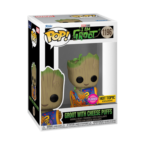 MARVEL POP! GROOT WITH CHEESE PUFFS (FLOCKED) hot topic stickered 1196