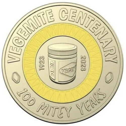 $2 2023 Vegemite - YELLOW 100 Mitey Years Lightly Circulated Coloured AUS TWO DOLLAR Coin