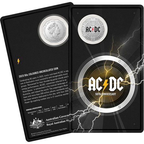 50c 50th Anniversary Of AC/DC - 2023 50c Coloured Uncirculated Coin