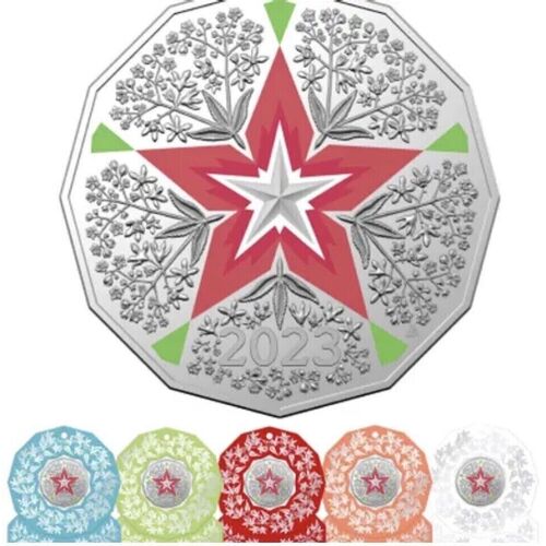 SET of 5 Festive Florals - Coloured Uncirculated 50c CuNi Coloured Uncirculated Coin 2023 - Christmas Decoration