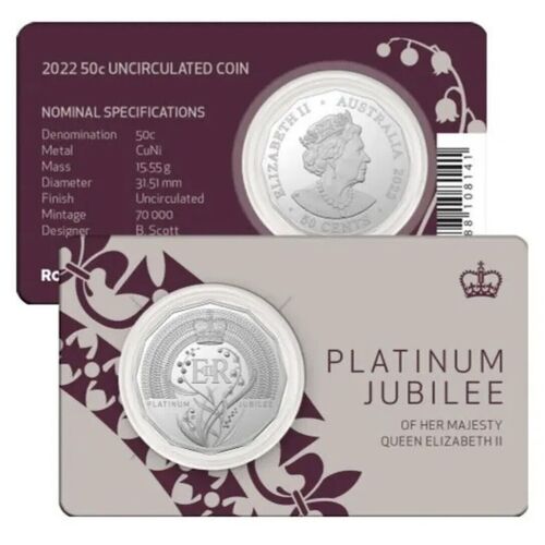 2022 50c CENT QUEEN ELIZABETH II PLATINUM JUBILEE UNC COIN ON CARD