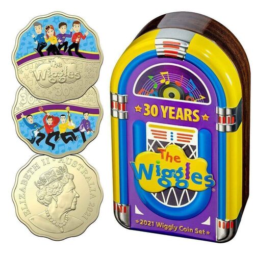 Australia 2021 30c 30 Years Wiggles Coloured UNC Scalloped 2-Coin in Jukebox Tin