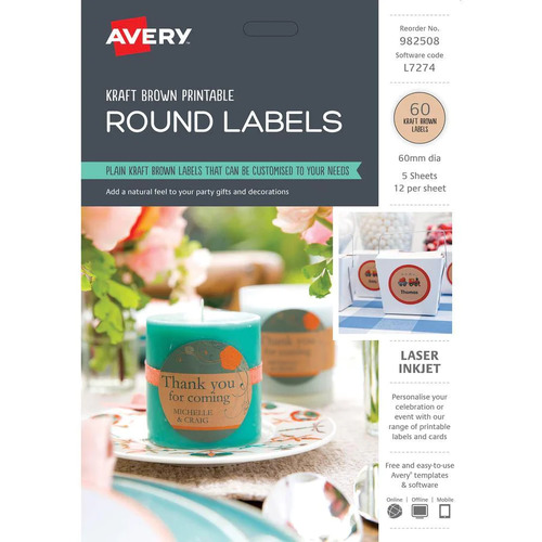 AVERY 982508 L7274 LABELS ROUND KRAFT BROWN PACK 60