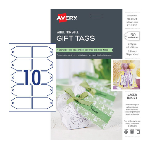 AVERY 982505 GIFT TAGS, C32303, 50/PACK, 89X51MM | 10UP