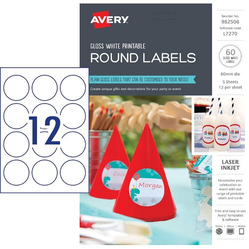 Avery Glossy Round Party and Wedding Labels, 60 mm Diameter, 60 Labels (982506 / L7270)
