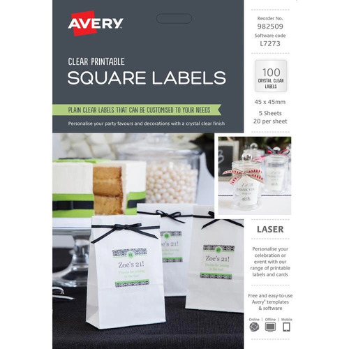 Avery 982509 L7273 Product Label Square 20/Sheet Laser Clear Pack 5