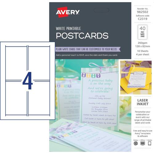 AVERY 982502 C2319 POSTCARDS WHITE PRINTABLE PACK 40 POST CARDS