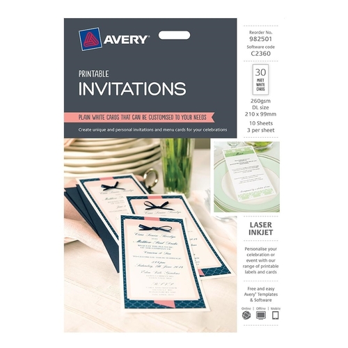 Avery White Printable Invitations 210 X 99 Mm, Laser, Inkjet, Double Sided - 982501 c2360