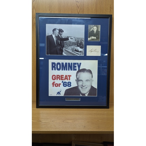 George W. Romney Photograph and Campaign with Signed Auto card Framed