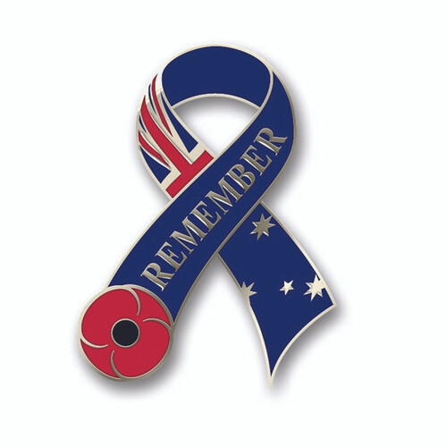 Anzac Flag Poppy Ribbon Badge with "Remember" POPPY REMEMBRANCE