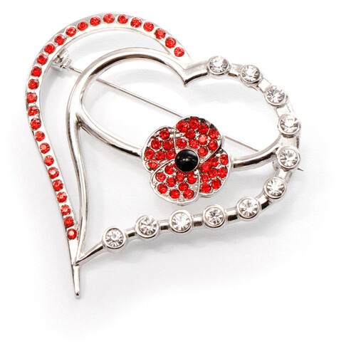 ANZAC Poppy Mpressions Heart Diamante Brooch POPPY REMEMBRANCE