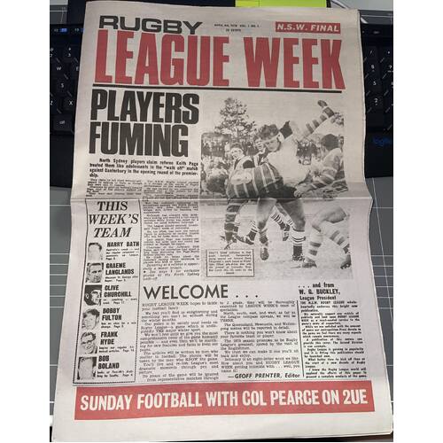 RUGBY LEAGUE WEEK FIRST EDITION APRIL 4th,1970 VOL.1. NO. 1. NSW FINAL
