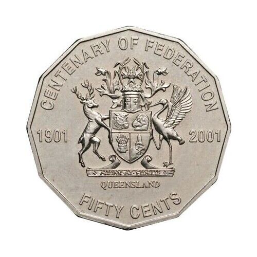 Circulated 2001 50c Fifty Cent QUEENSLAND " QLD " Centenary of Federation Commorative (2.3m)
