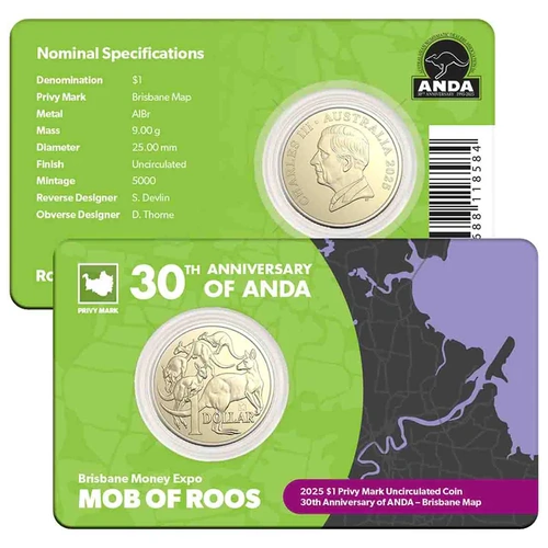 Australia ANDA Brisbane Money Expo 2025 $1 ANDA 30th Anniversary Map of Brisbane Privymark Uncirculated Coin