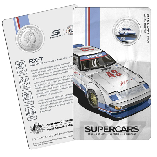 2020 50c 60 Years of Supercars - 1983 Mazda RX-7 Allan Moffat Uncirculated Coin
