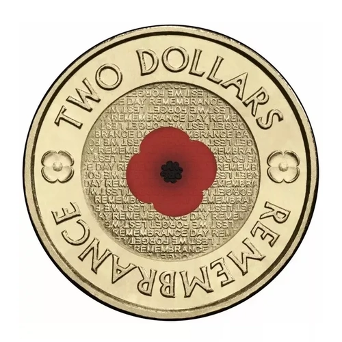 UNC 2012 $2 AUSTRALIA REMEMBRANCE DAY RED POPPY COLOURED COIN- EX ROLL