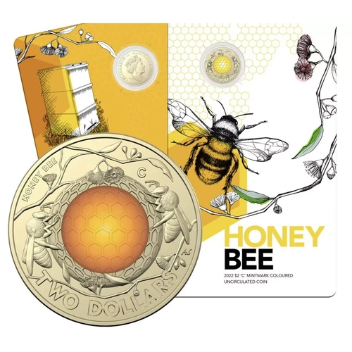 2022 $2 Australian Honey Bee - 'C' Mintmark Coloured UNC Coin on card