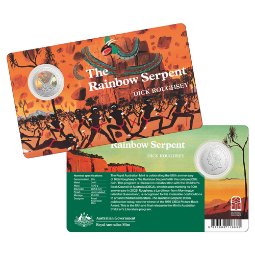 2025 AUSTRALIA 50TH ANNIV THE RAINBOW SERPENT 20c CENT UNC COLOURED COIN IN CARD