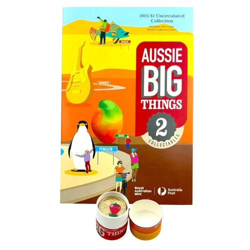 2025 Aussie Big Things 2 $1 10-Coin Tube Set With Coloured Strawberry + Folder