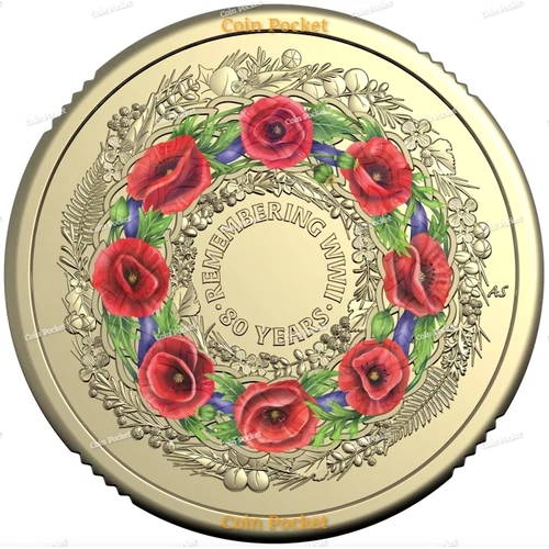 2025 Remembrance 80th Anniversary Remembering end of WW2 Wreath Coloured $2 Coin poppy