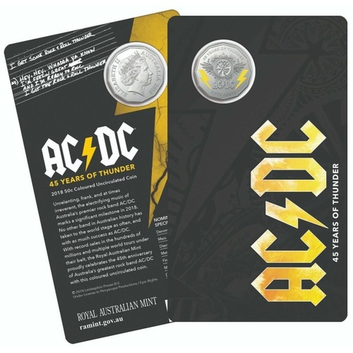 2018 50¢ ACDC - 50c Coloured CuNi UNC coin on card 45 years of thunder