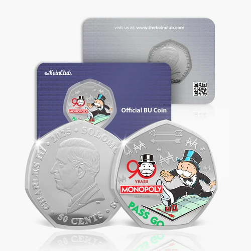 90 Years of Monopoly - Pass Go 2025 Silver Plated BU Coin 50p coin 2000 mintage