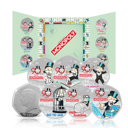 Monopoly 90th Anniversary 2025 Silver Plated 6 Coin set Pack 50p euro