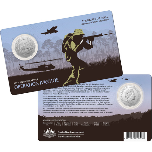 2021 50c The Battle of Nui Le 50th Anniversary of Operation Ivanhoe Uncirculated Fifty Cents on Card