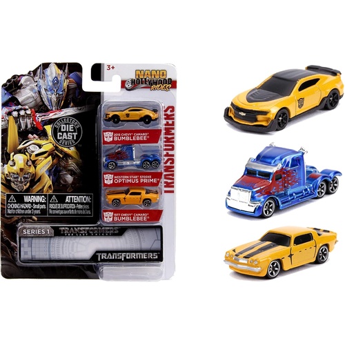Jada Toys Transformers Nano Hollywood Rides 2016 Chevy Camaro Bumblebee, Western Star 5700XE Optimus Prime and 1977 Chevy Camaro Bumblebee, 1.75" Die-