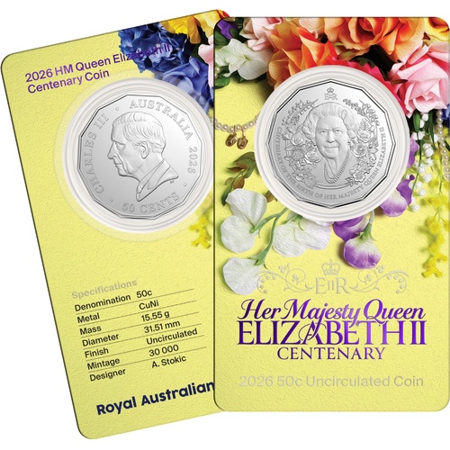 2026 50 cent Her Majesty Queen Elizabeth II Centenary of Birth 50 cent UNC Coin on Card