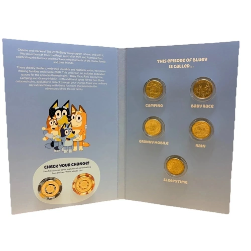 2026 BLUEY $2 COMPLETE SET OF 7 COINS not 5 INCLUDE THE 2 COLOUR TILL COINS IN FOLDER