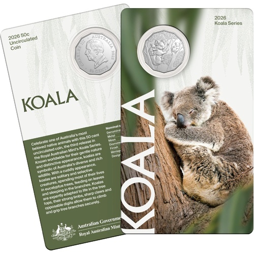 2026 50 cent Koala series CuNi UNC Coin on card