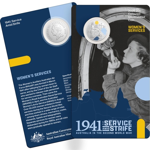 2026 20 cent Coloured - 1941 Service & Strife - Australia in the Second World War - Women's Services Single Coin on Card