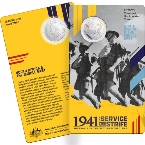 2026 20 cent Coloured - 1941 Service & Strife - Australia in the Second World War - North Africa & the Middle East Single Coin on Card