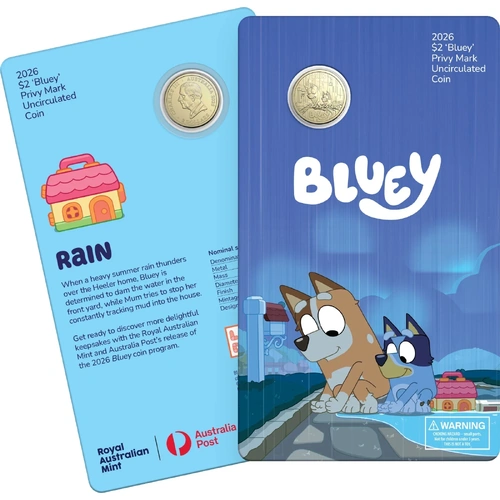 Bluey - Rain - 2026 Privy Mark Coin in Card $2 Bingo Blue Australia RAIN