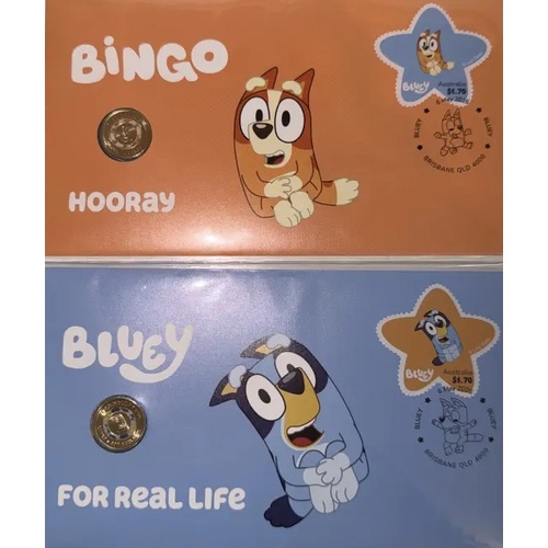 2026 Issue 21P & Issue 31P PNC - Bluey with couloured coins PNC (a) Bluey for Real Life PNC with coloured Blue Bluey $2 Coin & (b) Bingo Hooray PNC wi