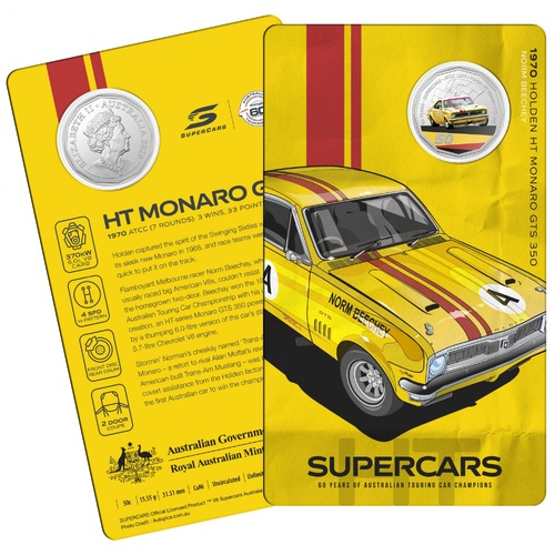 2020 50¢ 60 Years of Australian Touring Car Champions Holden HT Monaro - 50c Coloured CuNi UNC coin