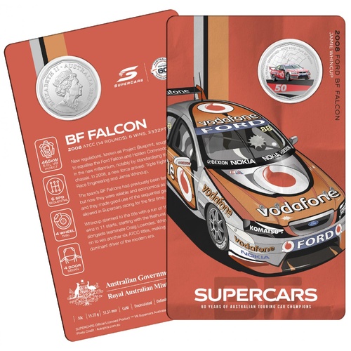 2020 50¢ 60 Years of Australian Touring Car Champions Ford BF Falcon - 50c Coloured CuNi UNC coin