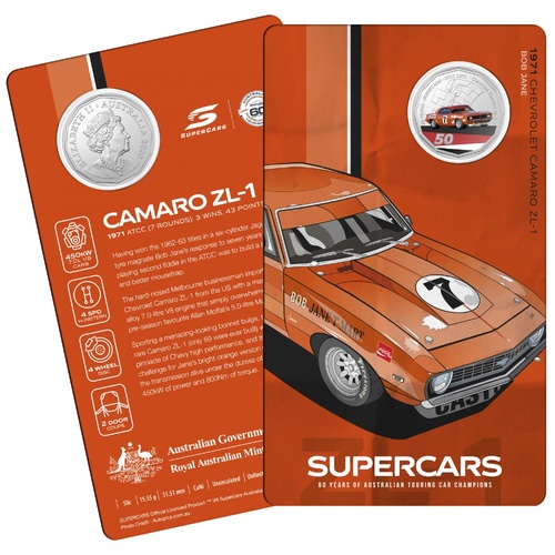 2020 50¢ 60 Years of Australian Touring Car Champions 1971 Chevrolet Cam1ro - 50c Coloured CuNi UNC coin